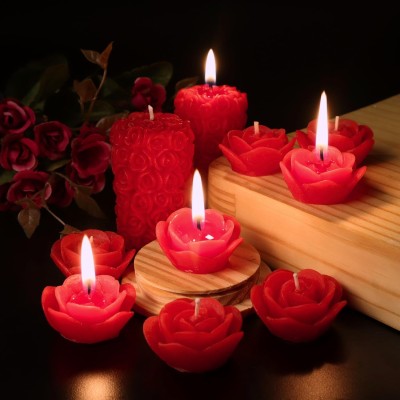 Wick-a-Roo Scented Candles For Home Decor, Rose Fragrance, Pillar Shape And Floating Combo, Red Color, Pack Of 10, 4 X 7 Centimeters - Wax