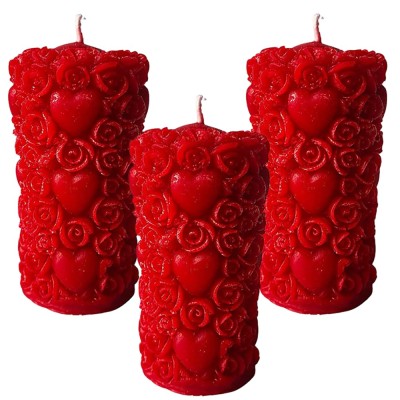 Wick-a-Roo Designer Romantic Scented Pillar Heart Candles for Valentine Day, Wedding, Anniversary, Home, Table Decoration and Special Events - Pack of 3 Piece, Red (Mogra)